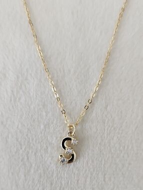 Gold Initial S Letter Necklace with Cubic Zirconia Accents 16 Inch